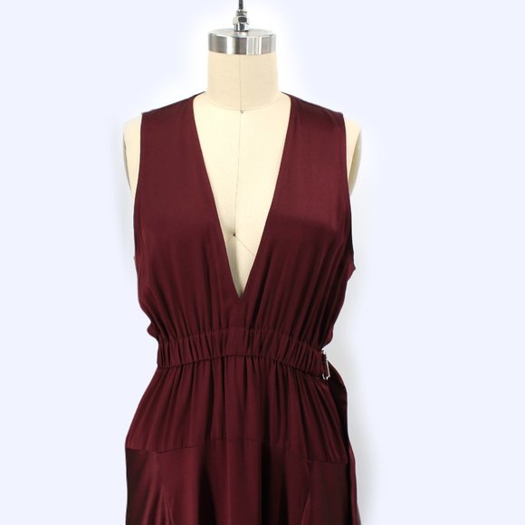 A.L.C. Silk Verena Plunging V-Neck Open Back Burgundy Satin Midi Dress - Picture 4 of 14